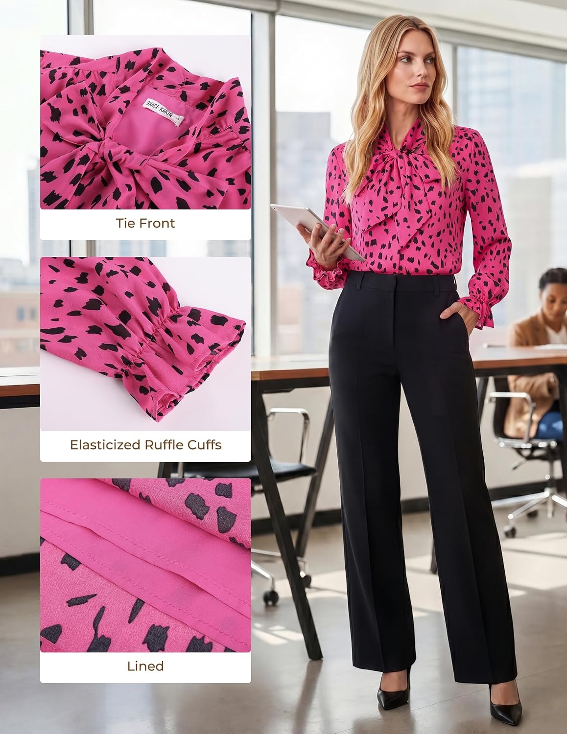 image:imageGRACE KARIN Womens Long Sleeve Business Casual Shirts 2026 Front Bow Tie Neck Chiffon Blouse Polka Dot Floral TopsDot Rose Red
