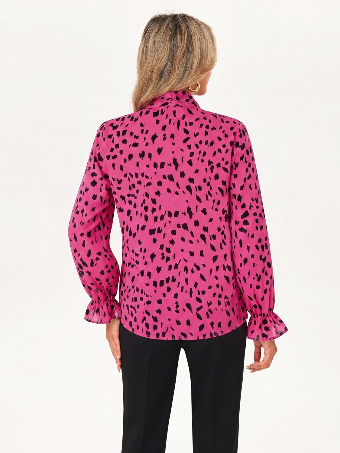 image:imageGRACE KARIN Womens Long Sleeve Business Casual Shirts 2026 Front Bow Tie Neck Chiffon Blouse Polka Dot Floral TopsDot Rose Red
