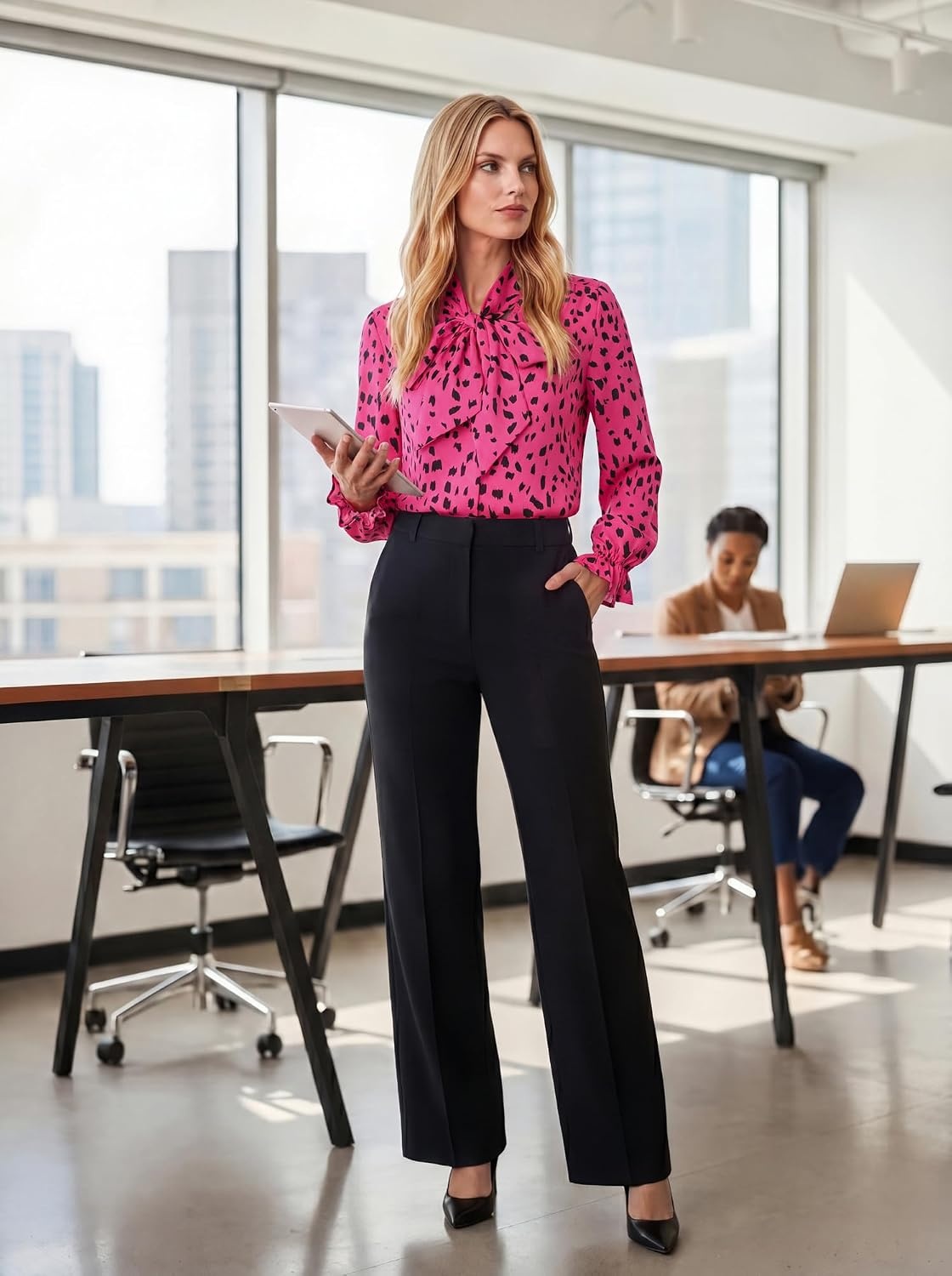 image:imageGRACE KARIN Womens Long Sleeve Business Casual Shirts 2026 Front Bow Tie Neck Chiffon Blouse Polka Dot Floral TopsDot Rose Red