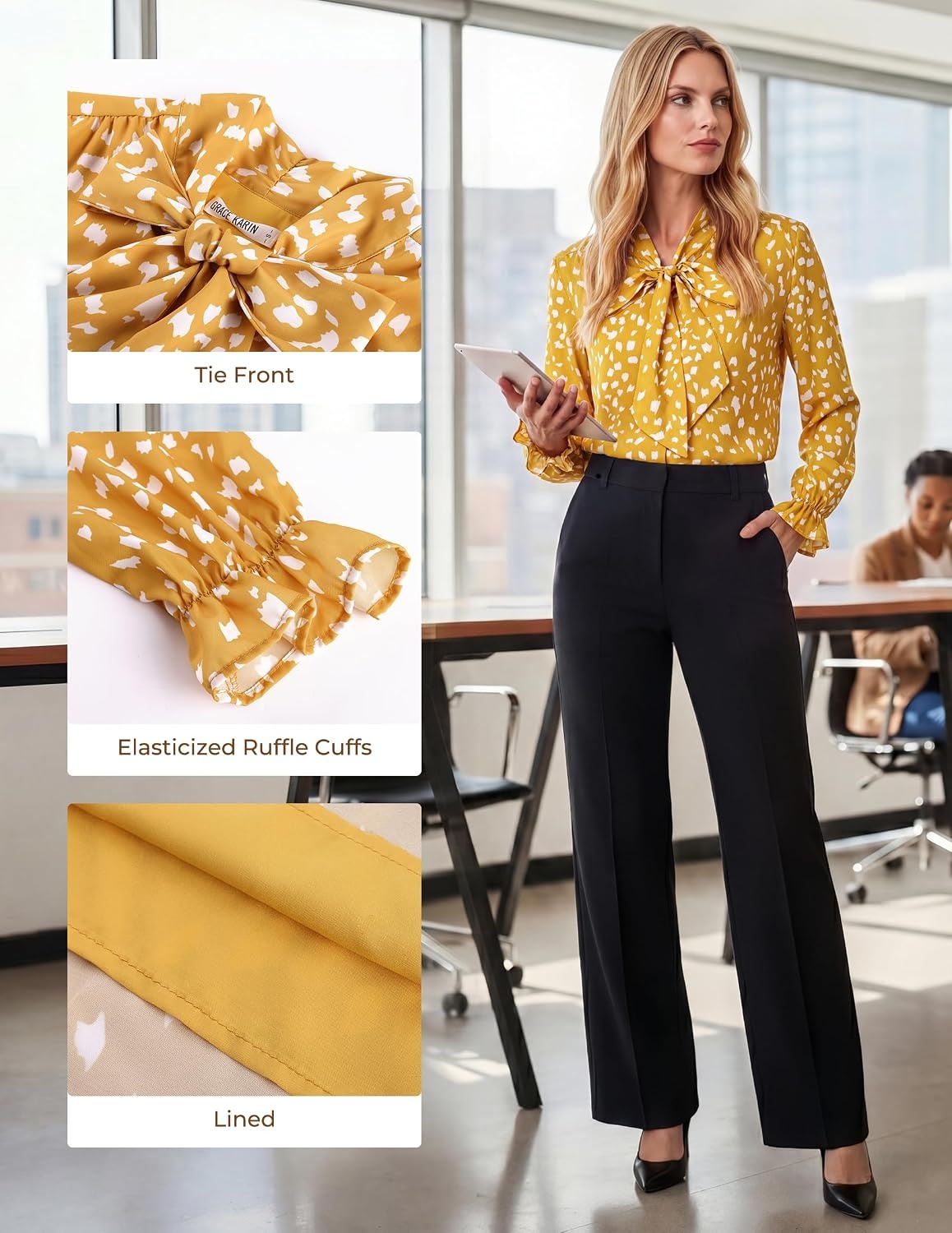 image:imageGRACE KARIN Womens Long Sleeve Business Casual Shirts 2026 Front Bow Tie Neck Chiffon Blouse Polka Dot Floral TopsDot Yellow