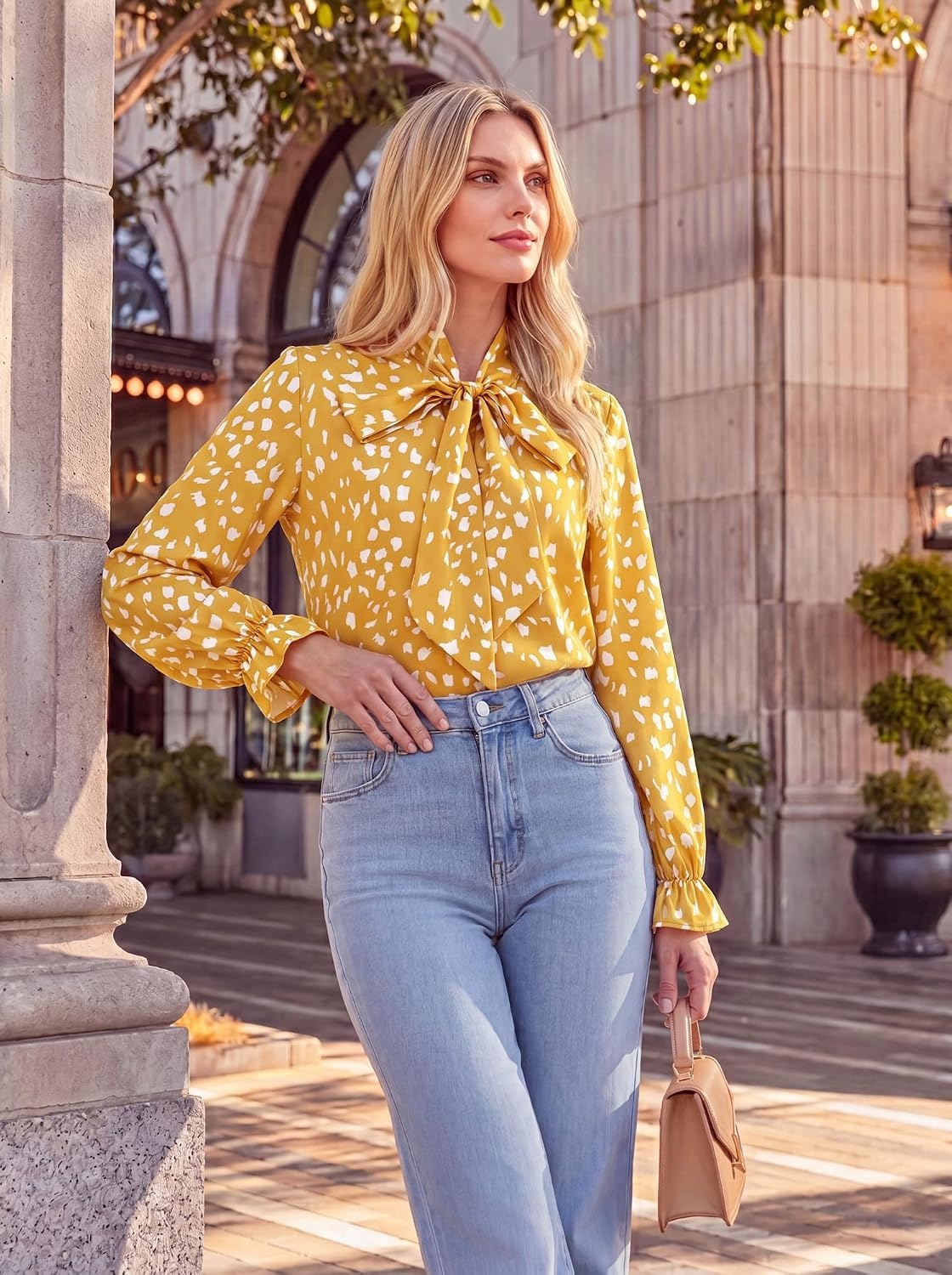 image:imageGRACE KARIN Womens Long Sleeve Business Casual Shirts 2026 Front Bow Tie Neck Chiffon Blouse Polka Dot Floral TopsDot Yellow