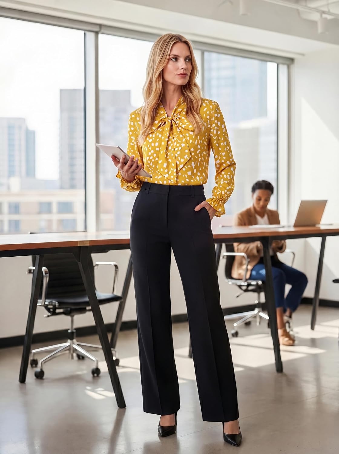 image:imageGRACE KARIN Womens Long Sleeve Business Casual Shirts 2026 Front Bow Tie Neck Chiffon Blouse Polka Dot Floral TopsDot Yellow
