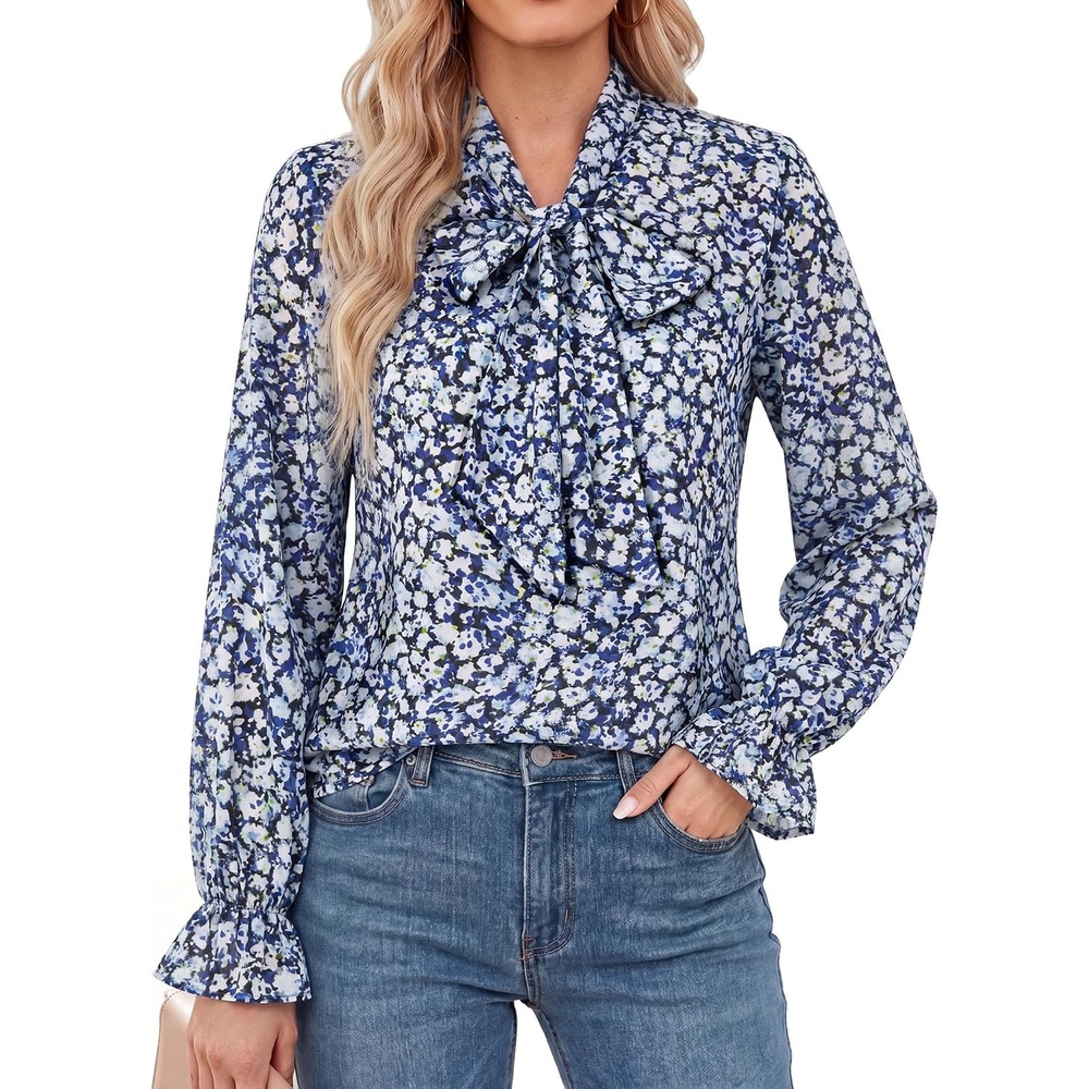 image:imageGRACE KARIN Womens Long Sleeve Business Casual Shirts 2026 Front Bow Tie Neck Chiffon Blouse Polka Dot Floral TopsBlue Floral