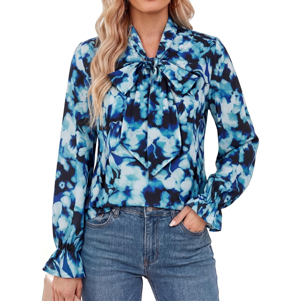 image:imageGRACE KARIN Womens Long Sleeve Business Casual Shirts 2026 Front Bow Tie Neck Chiffon Blouse Polka Dot Floral TopsFloral Blue Mix