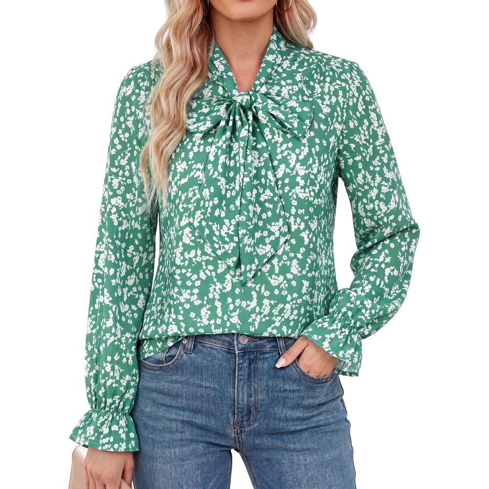 image:imageGRACE KARIN Womens Long Sleeve Business Casual Shirts 2026 Front Bow Tie Neck Chiffon Blouse Polka Dot Floral TopsSage Green Floral