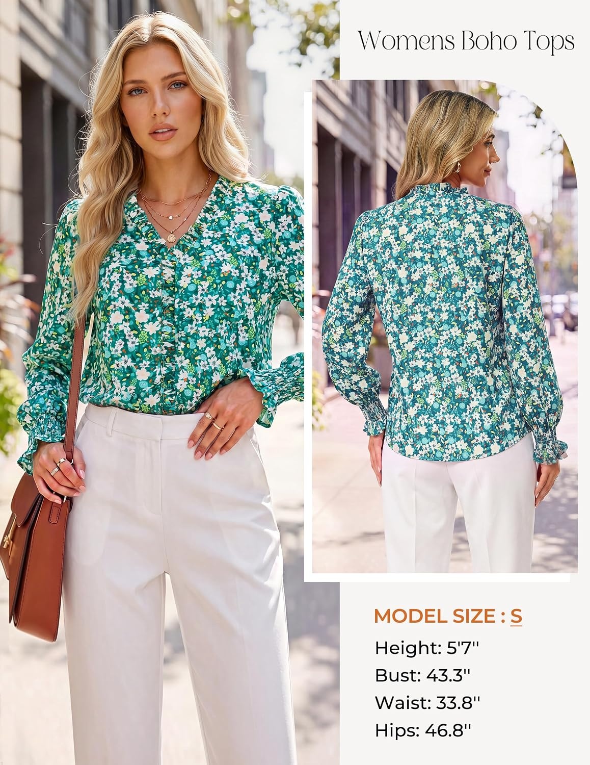 image:imageGRACE KARIN Boho Long Sleeve Tops for Women 2026V Neck Chiffon Blouses Dressy CasualRuffle Floral Shirt Fall Trendy ClothesGreen