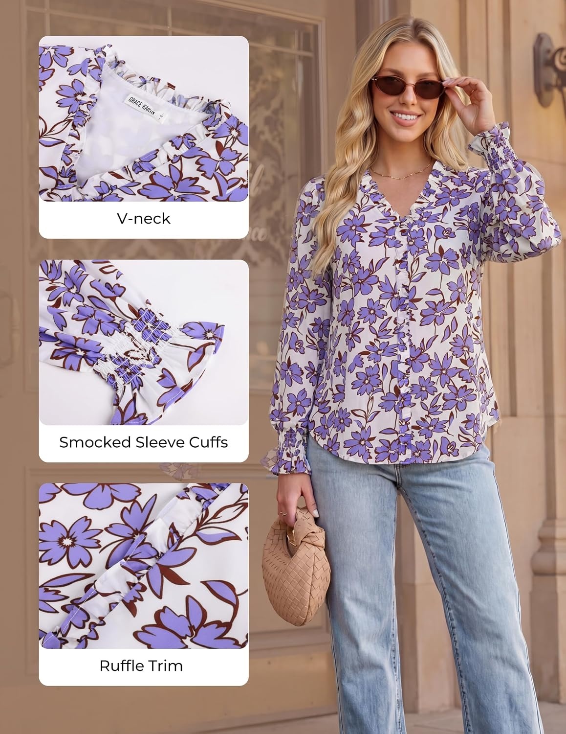 image:imageGRACE KARIN Boho Long Sleeve Tops for Women 2026V Neck Chiffon Blouses Dressy CasualRuffle Floral Shirt Fall Trendy ClothesLilac