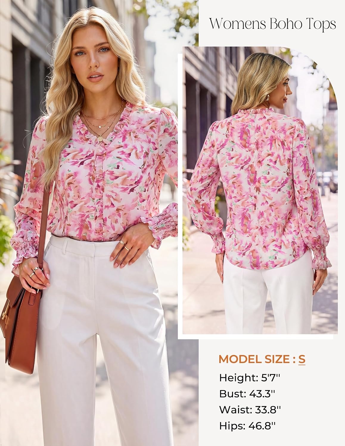 image:imageGRACE KARIN Boho Long Sleeve Tops for Women 2026V Neck Chiffon Blouses Dressy CasualRuffle Floral Shirt Fall Trendy ClothesPink