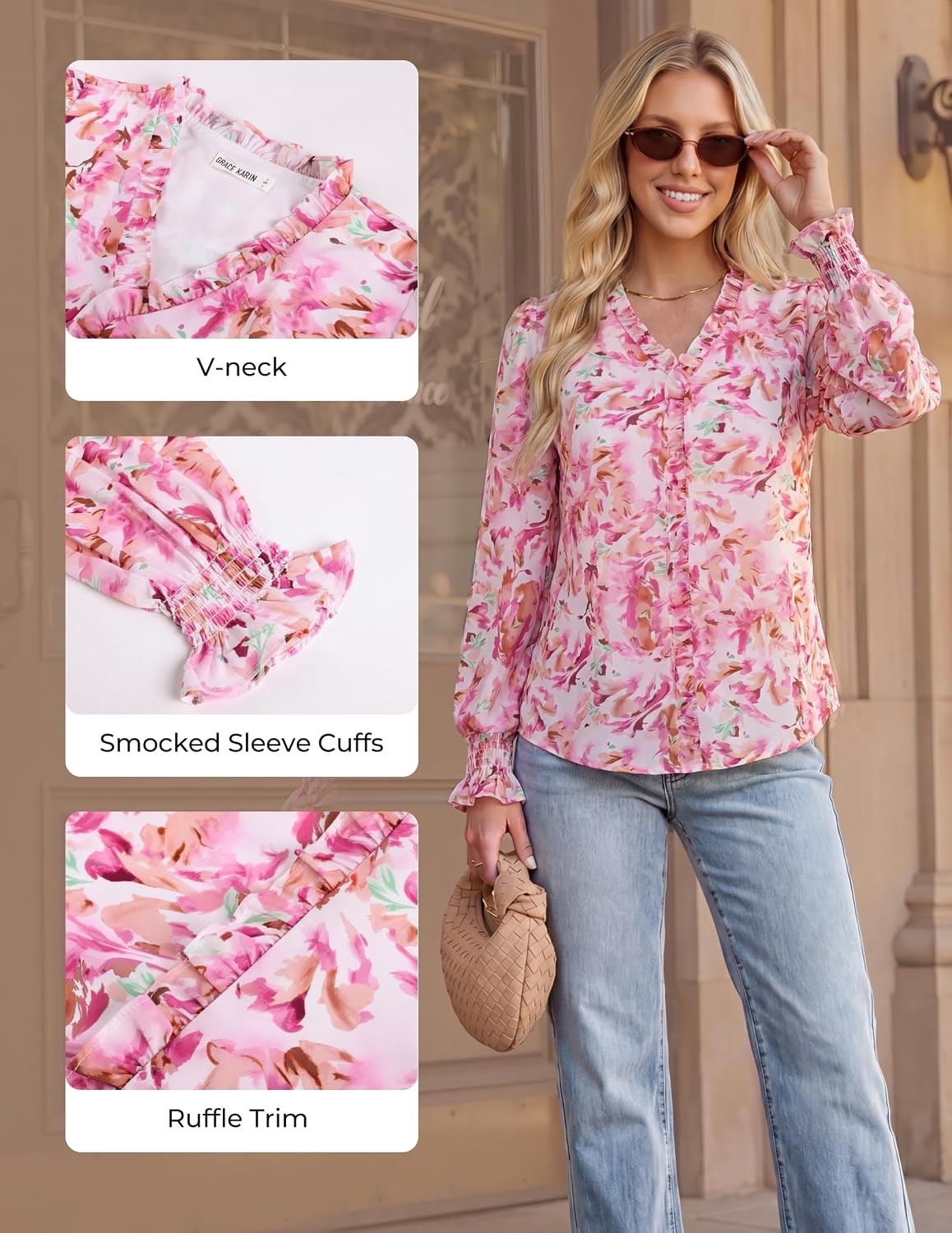 image:imageGRACE KARIN Boho Long Sleeve Tops for Women 2026V Neck Chiffon Blouses Dressy CasualRuffle Floral Shirt Fall Trendy ClothesPink