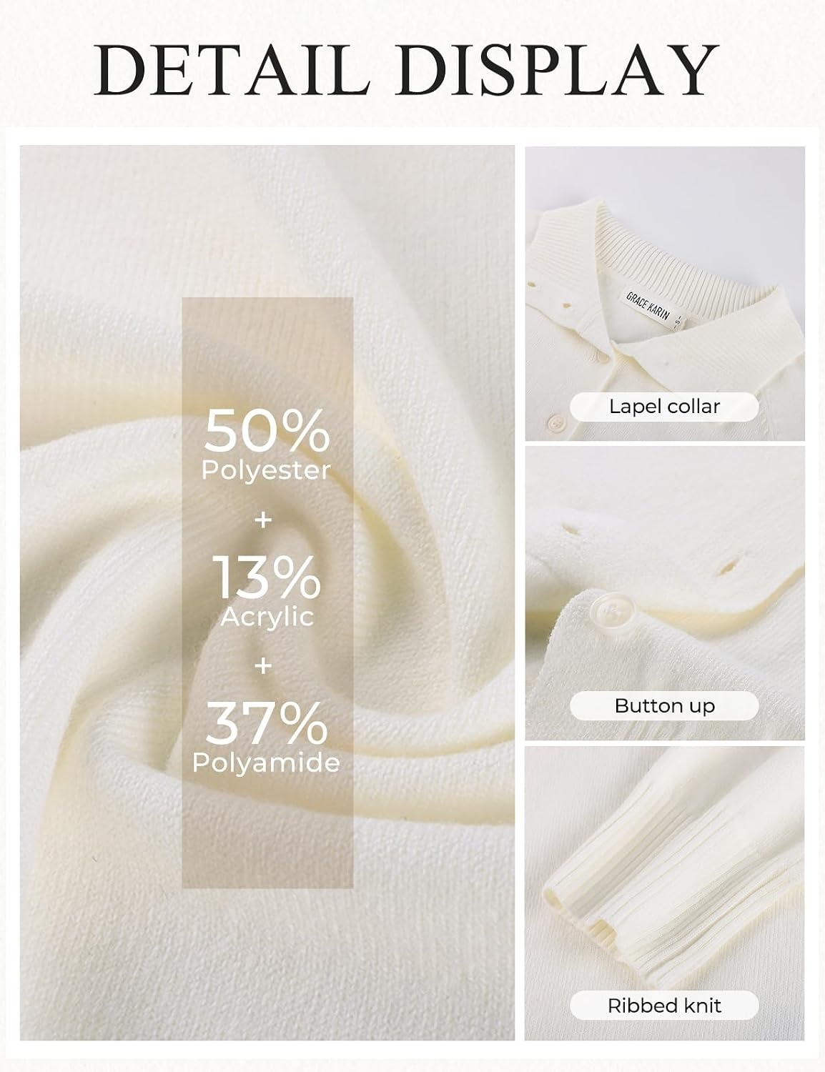 image:imageGRACE KARIN Cardigan Sweaters for Women Lightweight Button Up Sweater Jacket Collared Teacher Outfits Early Fall FashionCream White