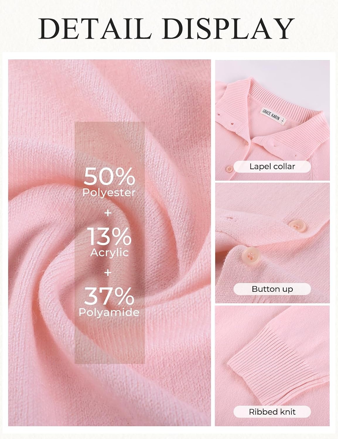 image:imageGRACE KARIN Cardigan Sweaters for Women Lightweight Button Up Sweater Jacket Collared Teacher Outfits Early Fall FashionPink