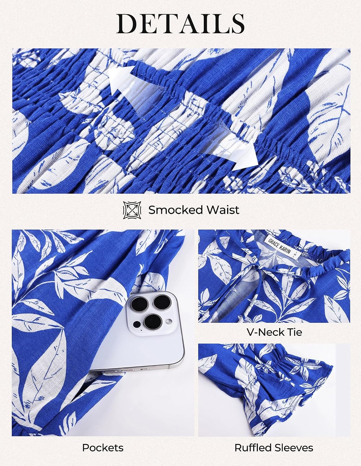 image:imageGRACE KARIN Womens 2026 Summer Fall Floral Midi Dress Casual Long Sleeve V Neck Smocked Wasit A Line Flowy Wedding DressesBlue Floral