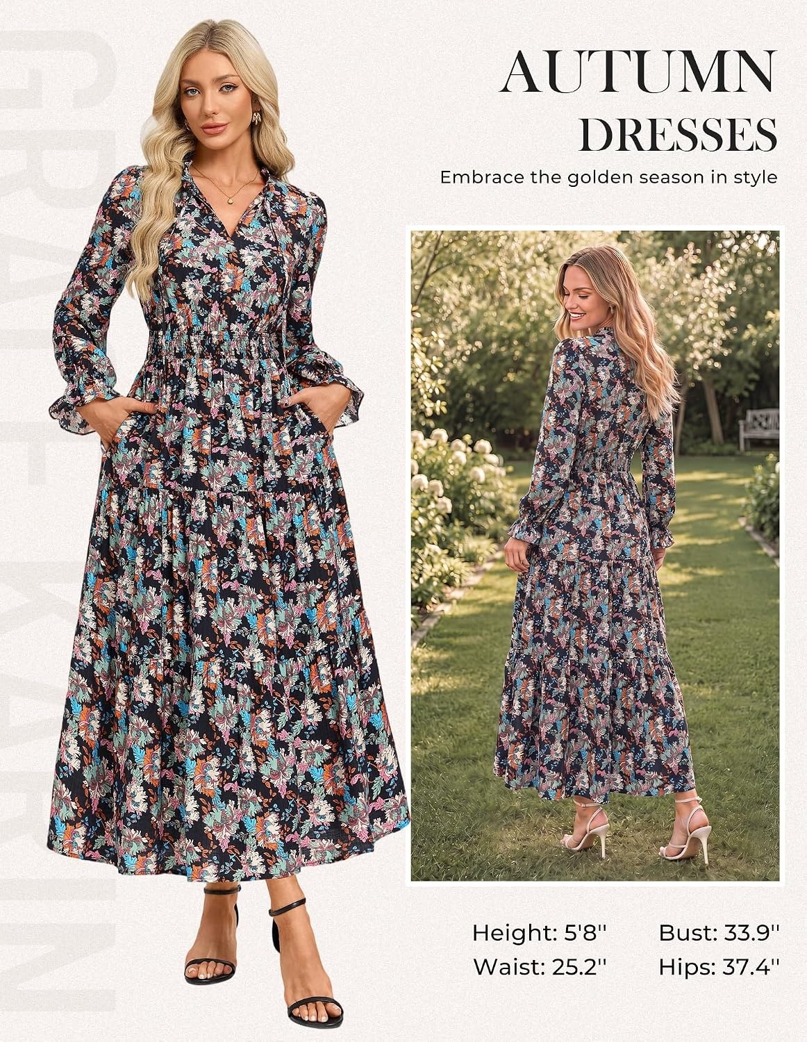 image:imageGRACE KARIN Womens 2026 Summer Fall Floral Midi Dress Casual Long Sleeve V Neck Smocked Wasit A Line Flowy Wedding DressesGreen Floral