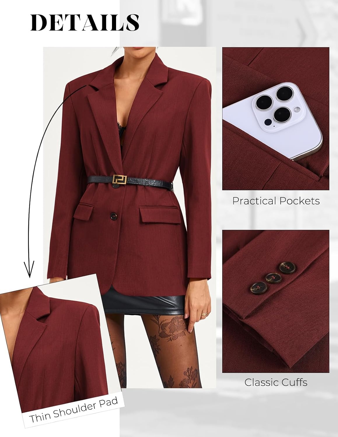 image:imageGRACE KARIN Womens Blazer Business Casual 2026 Fall Work Office Suit Jackets Long Sleeve Lapel Open Front with PocketsWine
