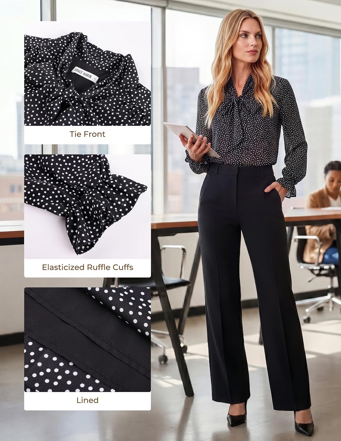 image:imageGRACE KARIN Womens Long Sleeve Bow Tie Neck Blouses Polka Dot Floral Chiffon Tops Business Casual Work Fall Shirts 2026Dot Black