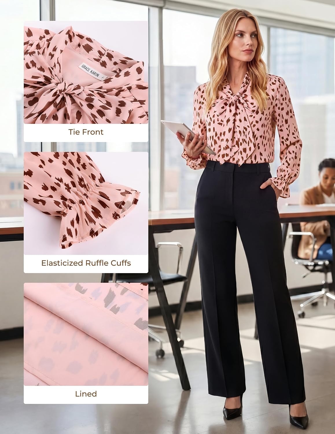 image:imageGRACE KARIN Womens Long Sleeve Bow Tie Neck Blouses Polka Dot Floral Chiffon Tops Business Casual Work Fall Shirts 2026Dot BlushCoffee