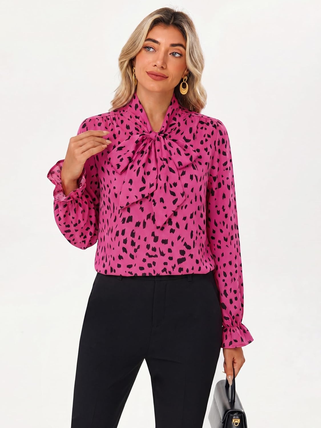 image:imageGRACE KARIN Womens Long Sleeve Bow Tie Neck Blouses Polka Dot Floral Chiffon Tops Business Casual Work Fall Shirts 2026Dot Rose Red