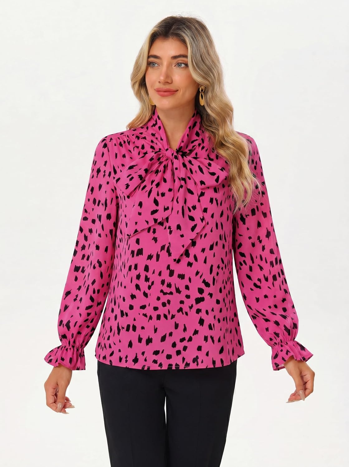 image:imageGRACE KARIN Womens Long Sleeve Bow Tie Neck Blouses Polka Dot Floral Chiffon Tops Business Casual Work Fall Shirts 2026Dot Rose Red