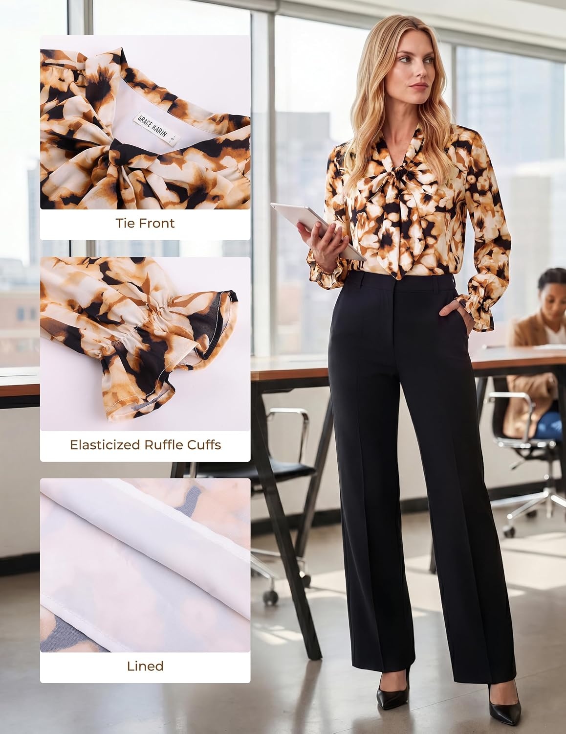 image:imageGRACE KARIN Womens Long Sleeve Bow Tie Neck Blouses Polka Dot Floral Chiffon Tops Business Casual Work Fall Shirts 2026Floral Mocha Mix