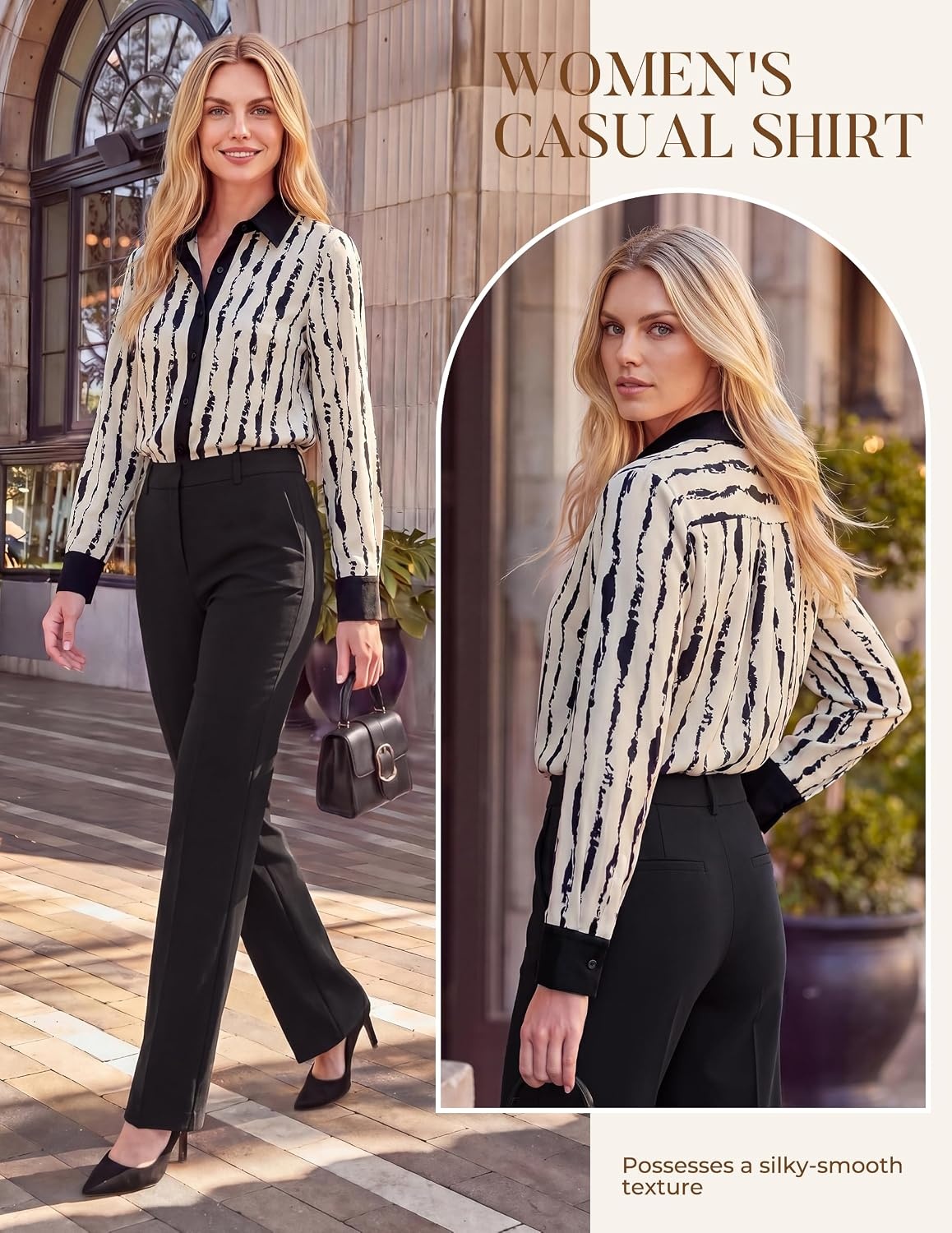 image:imageGRACE KARIN Womens Silk Button Down Shirts Satin Floral Blouses Long Sleeve Business Casual Tops 2026Black Stripes