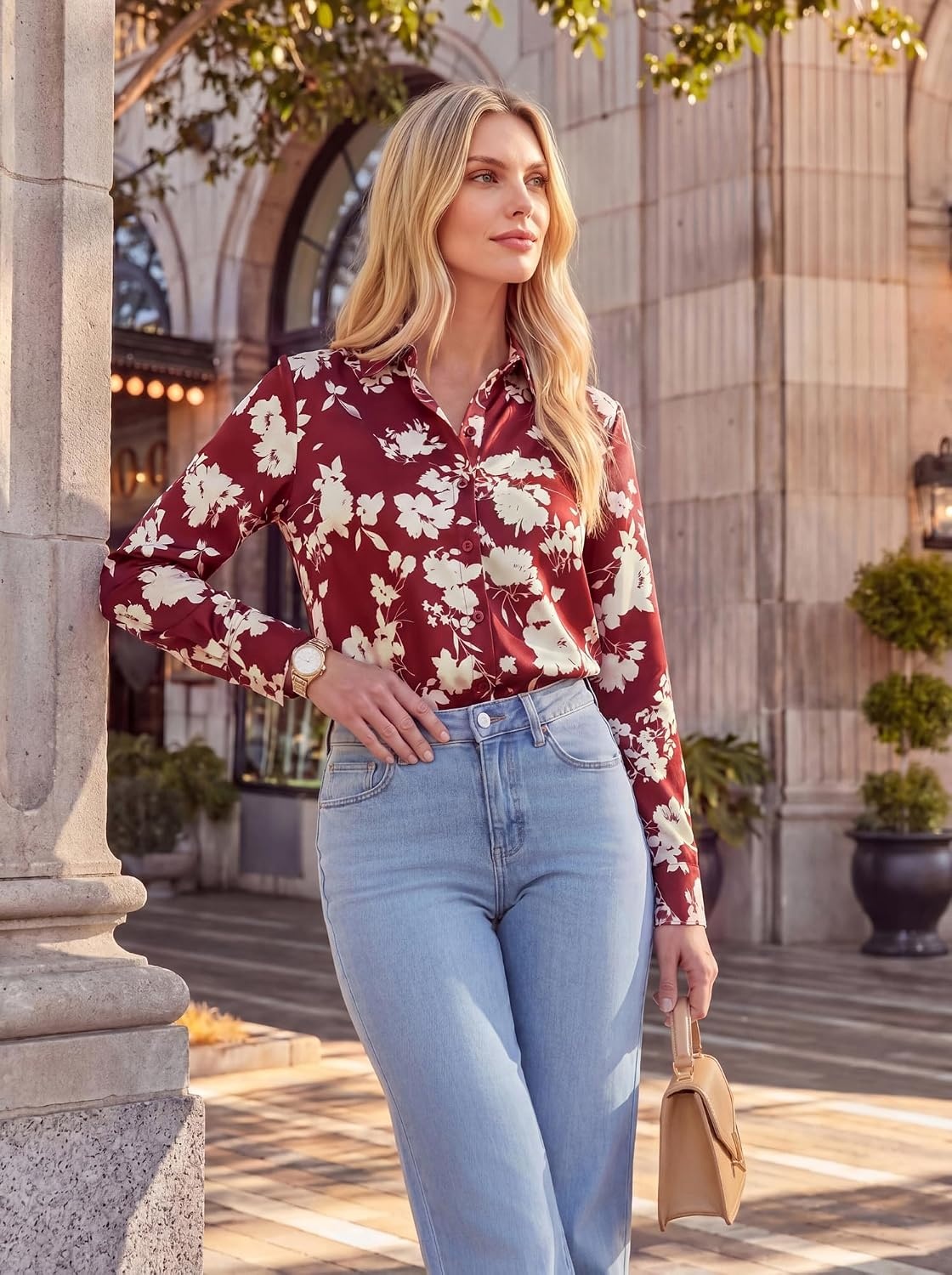 image:imageGRACE KARIN Womens Silk Button Down Shirts Satin Floral Blouses Long Sleeve Business Casual Tops 2026Red Floral