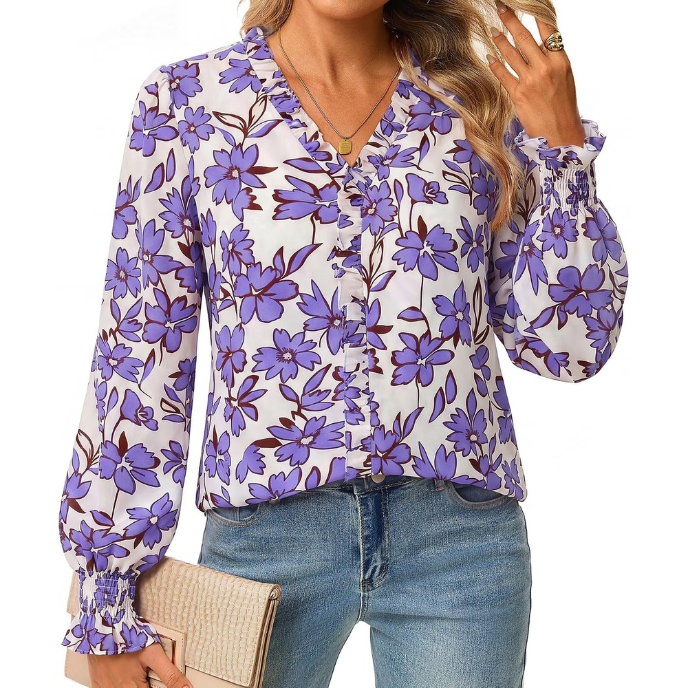 image:imageGRACE KARIN Boho Long Sleeve Tops for Women 2026V Neck Chiffon Blouses Dressy CasualRuffle Floral Shirt Fall Trendy ClothesLilac