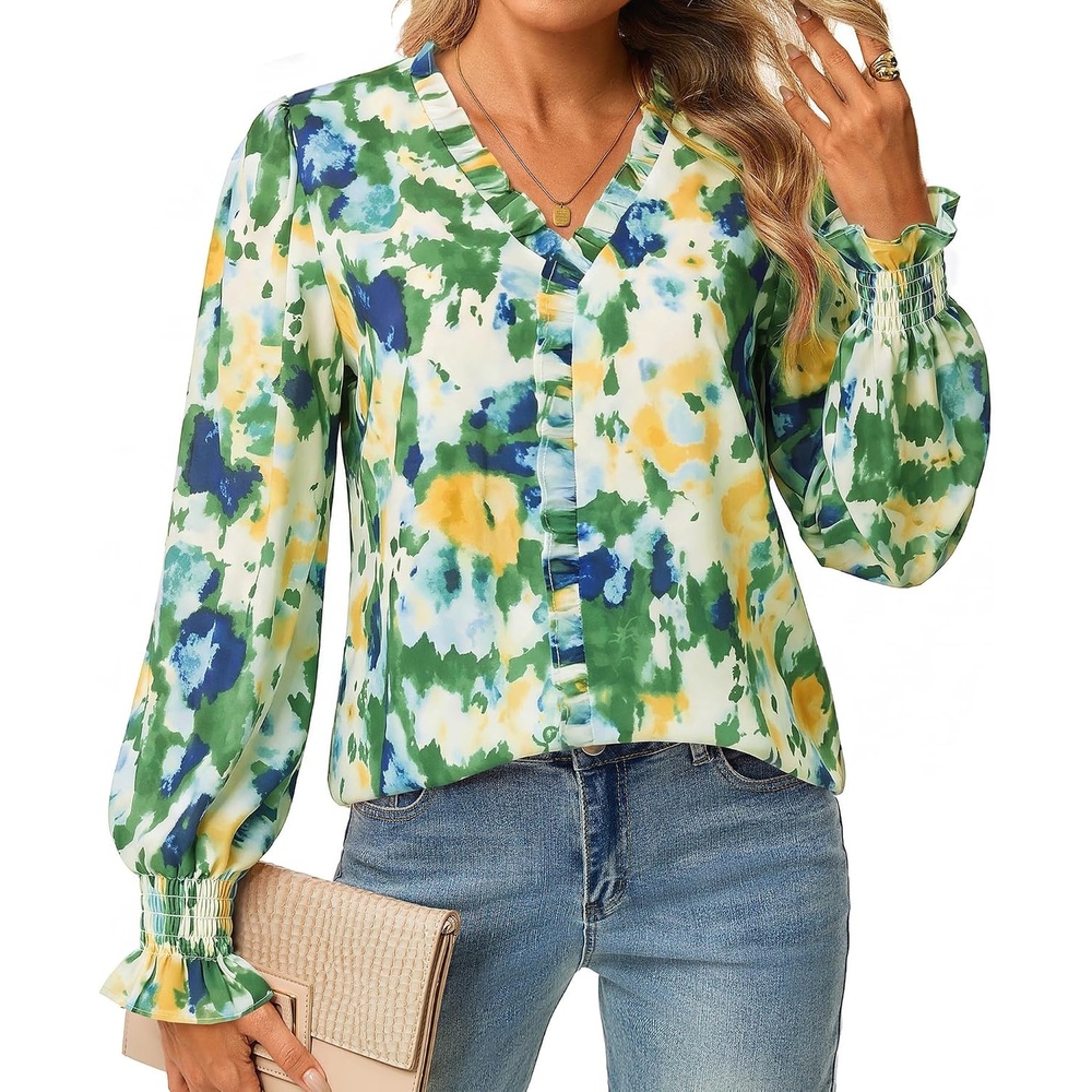 image:imageGRACE KARIN Boho Long Sleeve Tops for Women 2026V Neck Chiffon Blouses Dressy CasualRuffle Floral Shirt Fall Trendy ClothesMulti Green