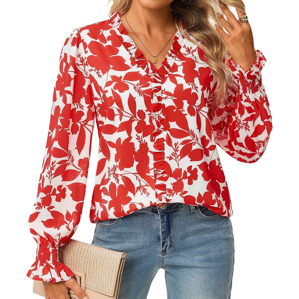 image:imageGRACE KARIN Boho Long Sleeve Tops for Women 2026V Neck Chiffon Blouses Dressy CasualRuffle Floral Shirt Fall Trendy ClothesRed