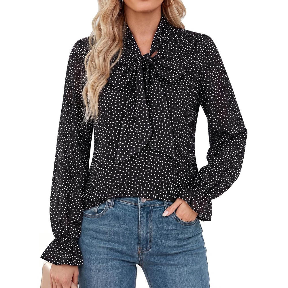 image:imageGRACE KARIN Womens Long Sleeve Bow Tie Neck Blouses Polka Dot Floral Chiffon Tops Business Casual Work Fall Shirts 2026Dot  Black