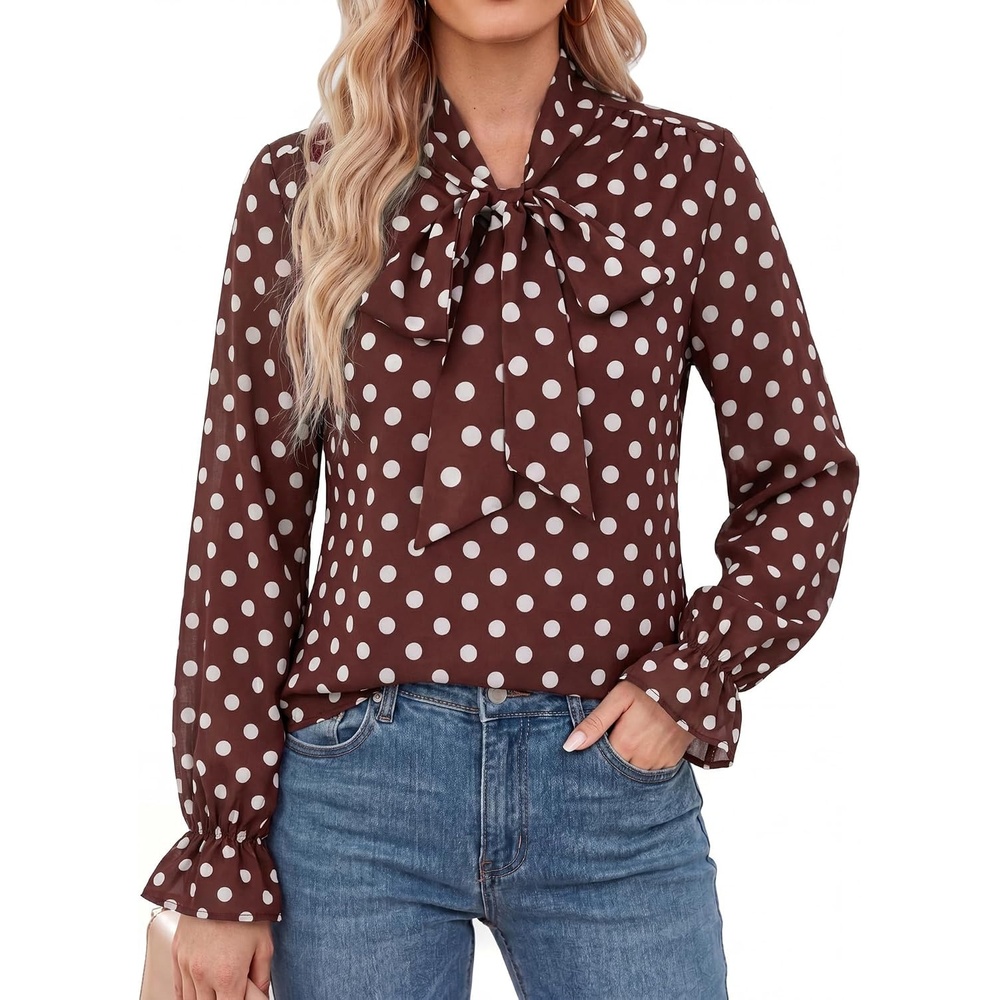 image:imageGRACE KARIN Womens Long Sleeve Bow Tie Neck Blouses Polka Dot Floral Chiffon Tops Business Casual Work Fall Shirts 2026Dot Coffee
