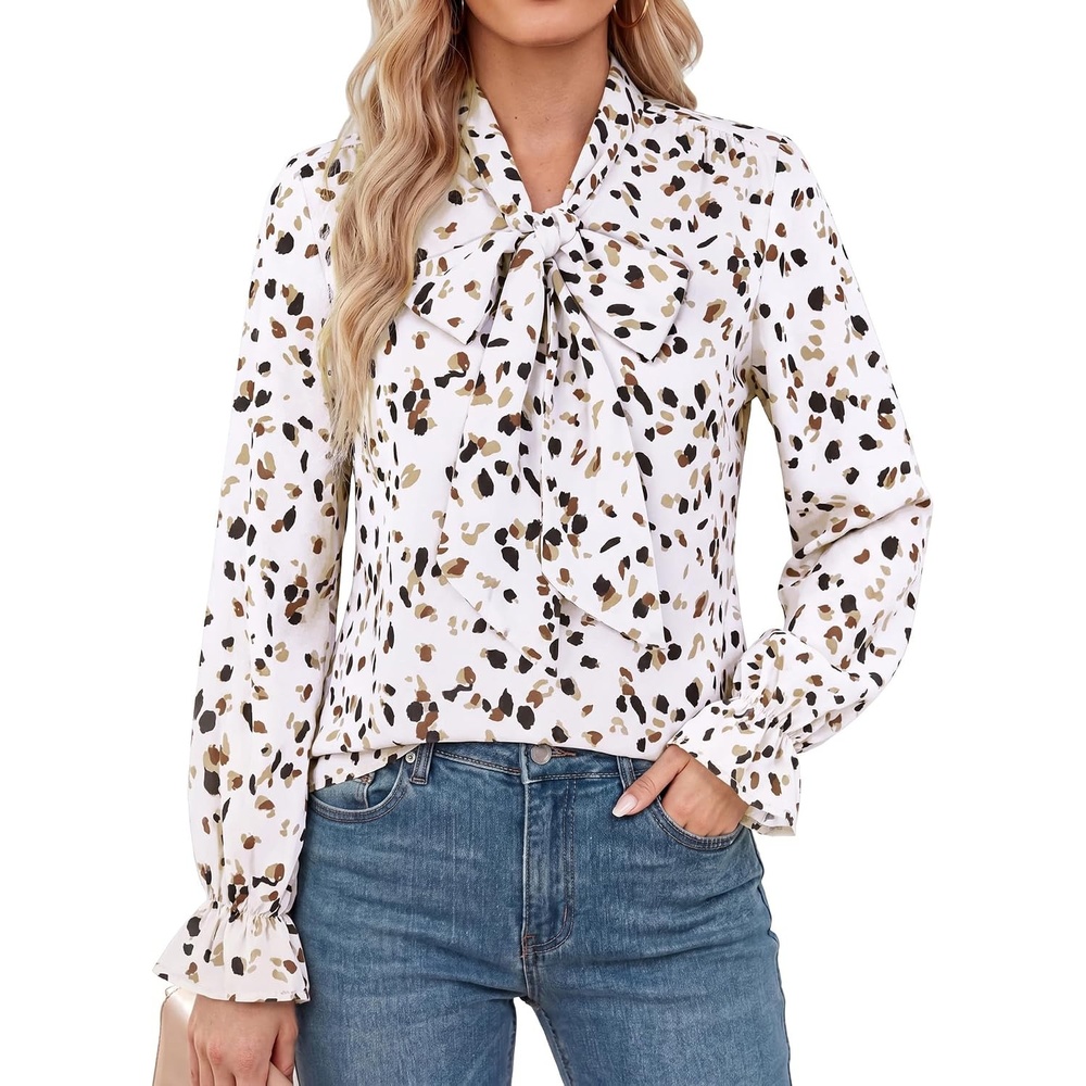image:imageGRACE KARIN Womens Long Sleeve Bow Tie Neck Blouses Polka Dot Floral Chiffon Tops Business Casual Work Fall Shirts 2026Dot White and Khaki