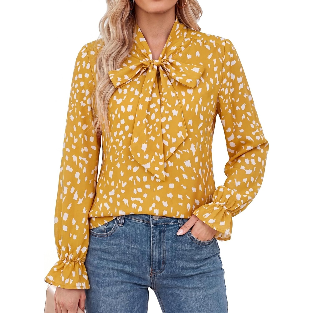 image:imageGRACE KARIN Womens Long Sleeve Bow Tie Neck Blouses Polka Dot Floral Chiffon Tops Business Casual Work Fall Shirts 2026Dot Yellow