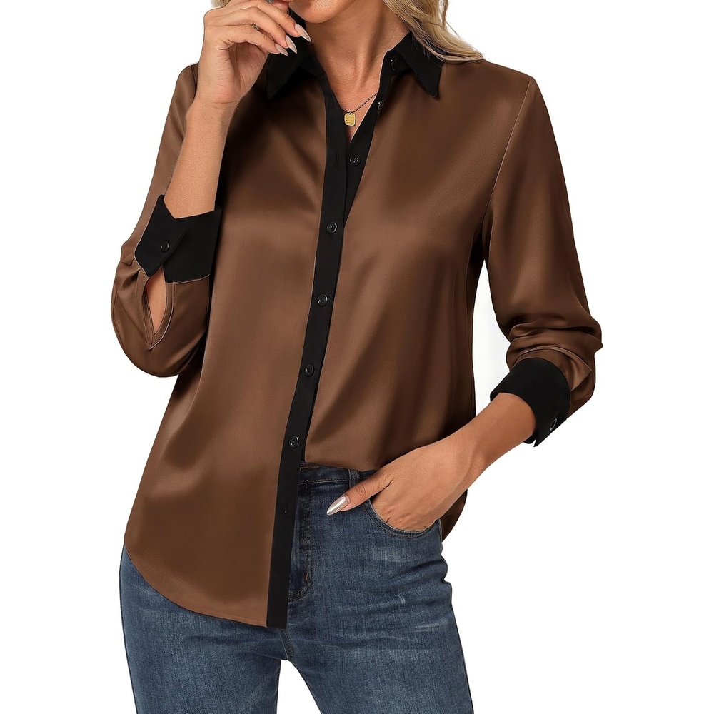 image:imageGRACE KARIN Womens Silk Button Down Shirts Satin Floral Blouses Long Sleeve Business Casual Tops 2026Dark Brown