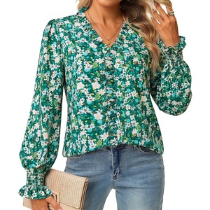 GRACE KARIN Boho Long Sleeve Tops for Women 2026,V Neck Chiffon Blouses Dressy Casual,Ruffle Floral Shirt Fall Trendy Clothes(Green)