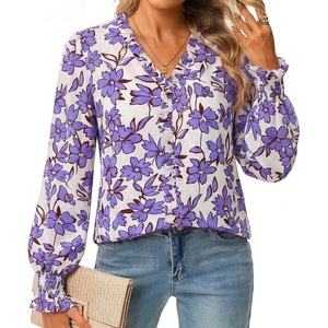 GRACE KARIN Boho Long Sleeve Tops for Women 2026,V Neck Chiffon Blouses Dressy Casual,Ruffle Floral Shirt Fall Trendy Clothes(Lilac)