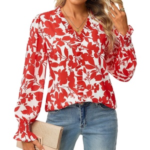 GRACE KARIN Boho Long Sleeve Tops for Women 2026,V Neck Chiffon Blouses Dressy Casual,Ruffle Floral Shirt Fall Trendy Clothes(Red)