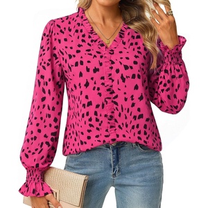 GRACE KARIN Boho Long Sleeve Tops for Women 2026,V Neck Chiffon Blouses Dressy Casual,Ruffle Floral Shirt Fall Trendy Clothes(Rose)