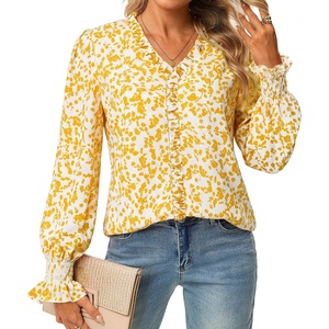 GRACE KARIN Boho Long Sleeve Tops for Women 2026,V Neck Chiffon Blouses Dressy Casual,Ruffle Floral Shirt Fall Trendy Clothes(Yellow)