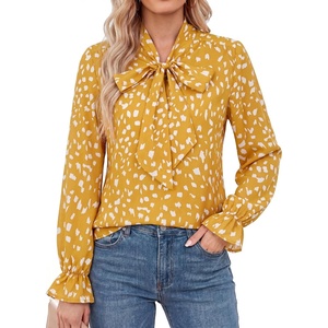 GRACE KARIN Womens Long Sleeve Bow Tie Neck Blouses Polka Dot Floral Chiffon Tops Business Casual Work Fall Shirts 2026(Dot – Yellow)