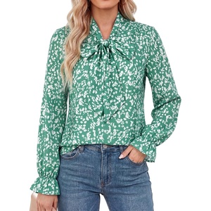 GRACE KARIN Womens Long Sleeve Bow Tie Neck Blouses Polka Dot Floral Chiffon Tops Business Casual Work Fall Shirts 2026(Sage Green Floral)