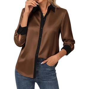GRACE KARIN Womens Silk Button Down Shirts Satin Floral Blouses Long Sleeve Business Casual Tops 2026(Dark Brown)