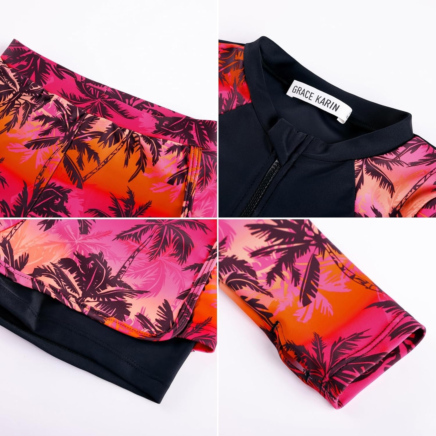 image:imageGRACE KARIN Girls Rash Guard Swimsuit UPF 50 Two Piece Swimwear Size 612Y Long Sleeve Summer Bathing SuitBlack Coconut Tree