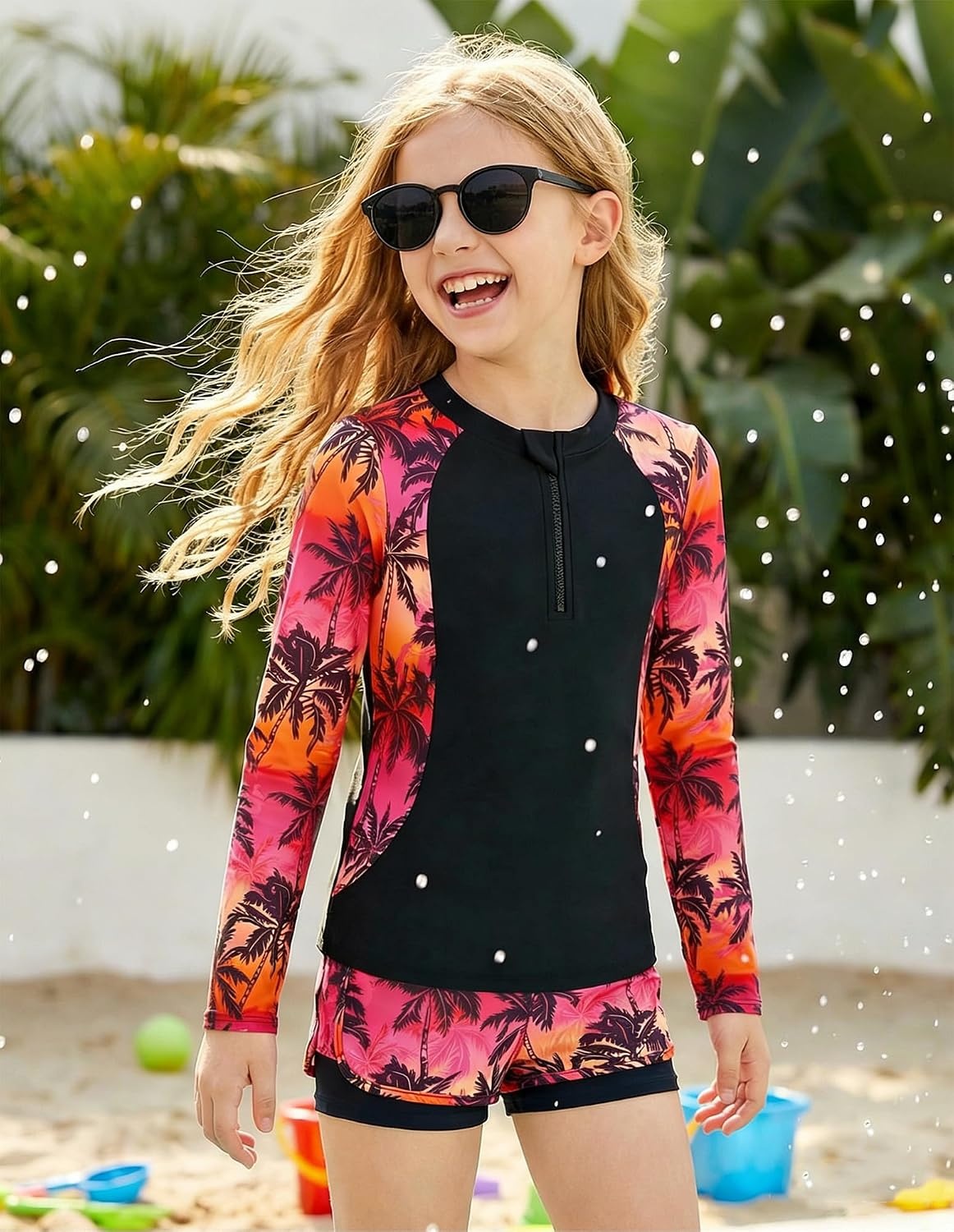 image:imageGRACE KARIN Girls Rash Guard Swimsuit UPF 50 Two Piece Swimwear Size 612Y Long Sleeve Summer Bathing SuitBlack Coconut Tree