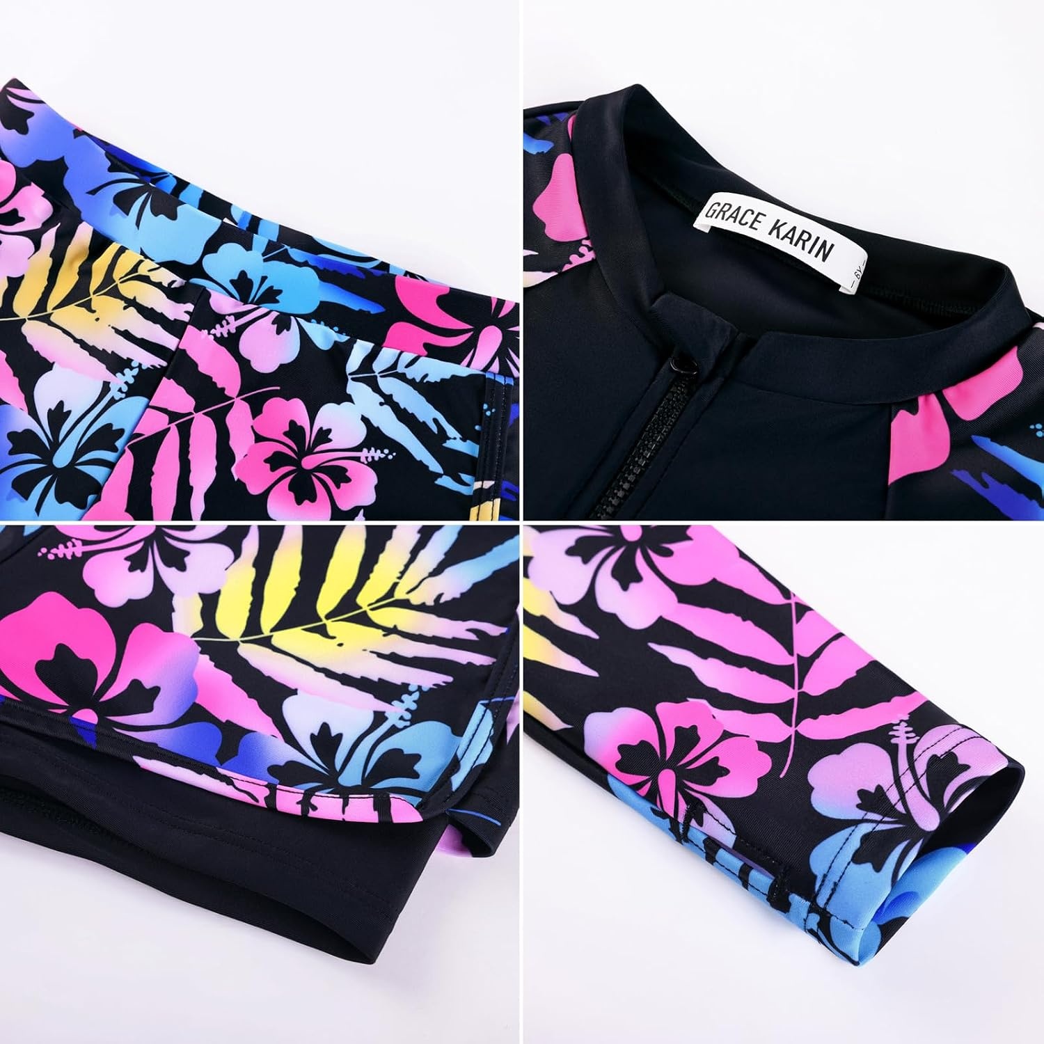 image:imageGRACE KARIN Girls Rash Guard Swimsuit UPF 50 Two Piece Swimwear Size 612Y Long Sleeve Summer Bathing SuitBlack Floral
