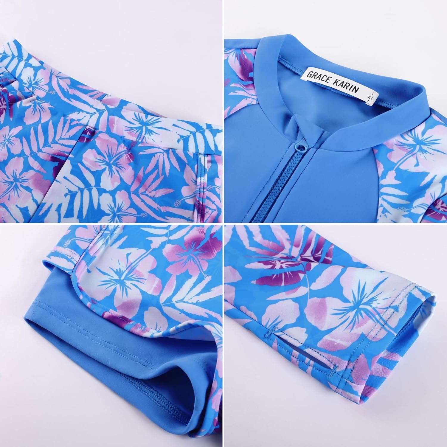 image:imageGRACE KARIN Girls Rash Guard Swimsuit UPF 50 Two Piece Swimwear Size 612Y Long Sleeve Summer Bathing SuitBlue Floral