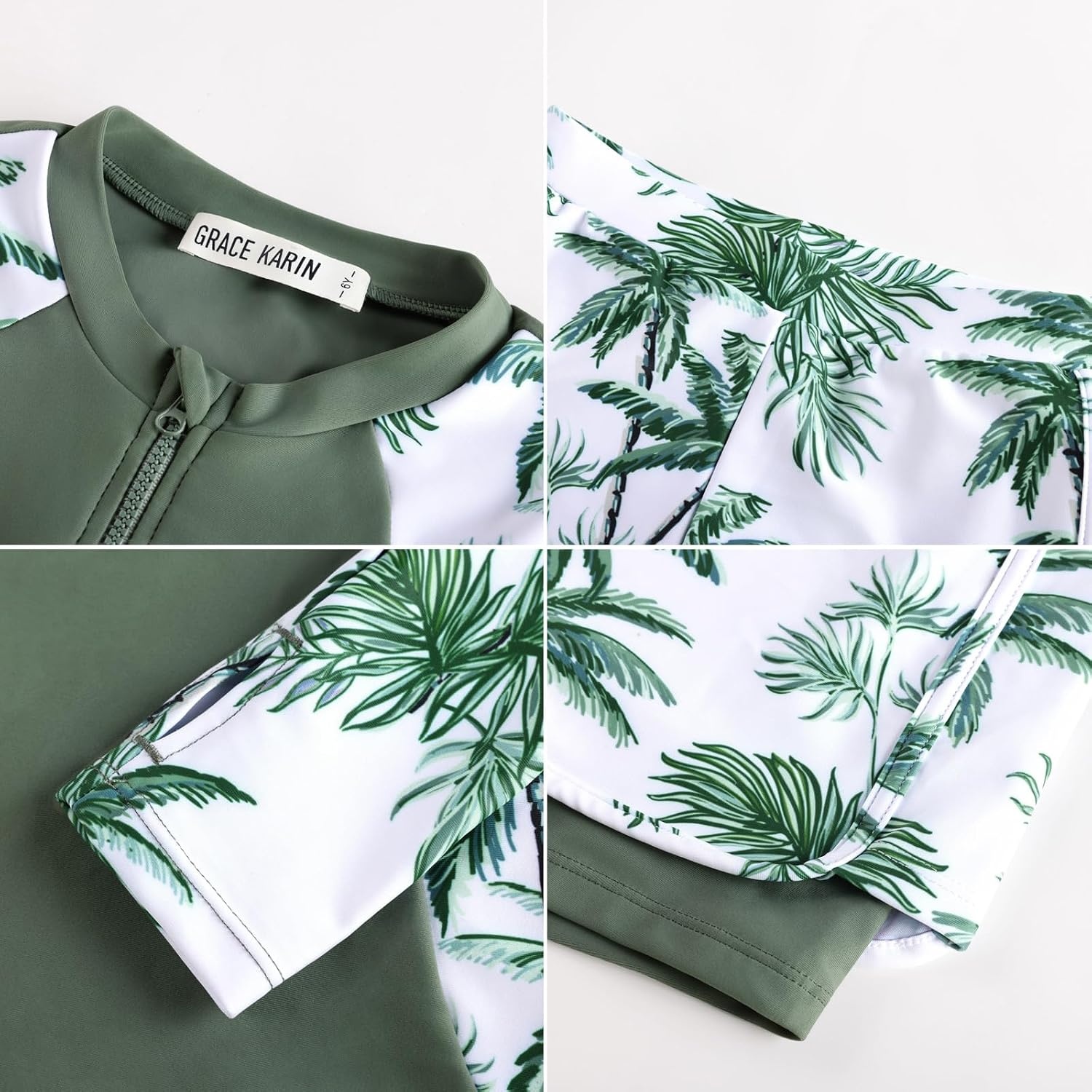 image:imageGRACE KARIN Girls Rash Guard Swimsuit UPF 50 Two Piece Swimwear Size 612Y Long Sleeve Summer Bathing SuitGreen Coconut Tree