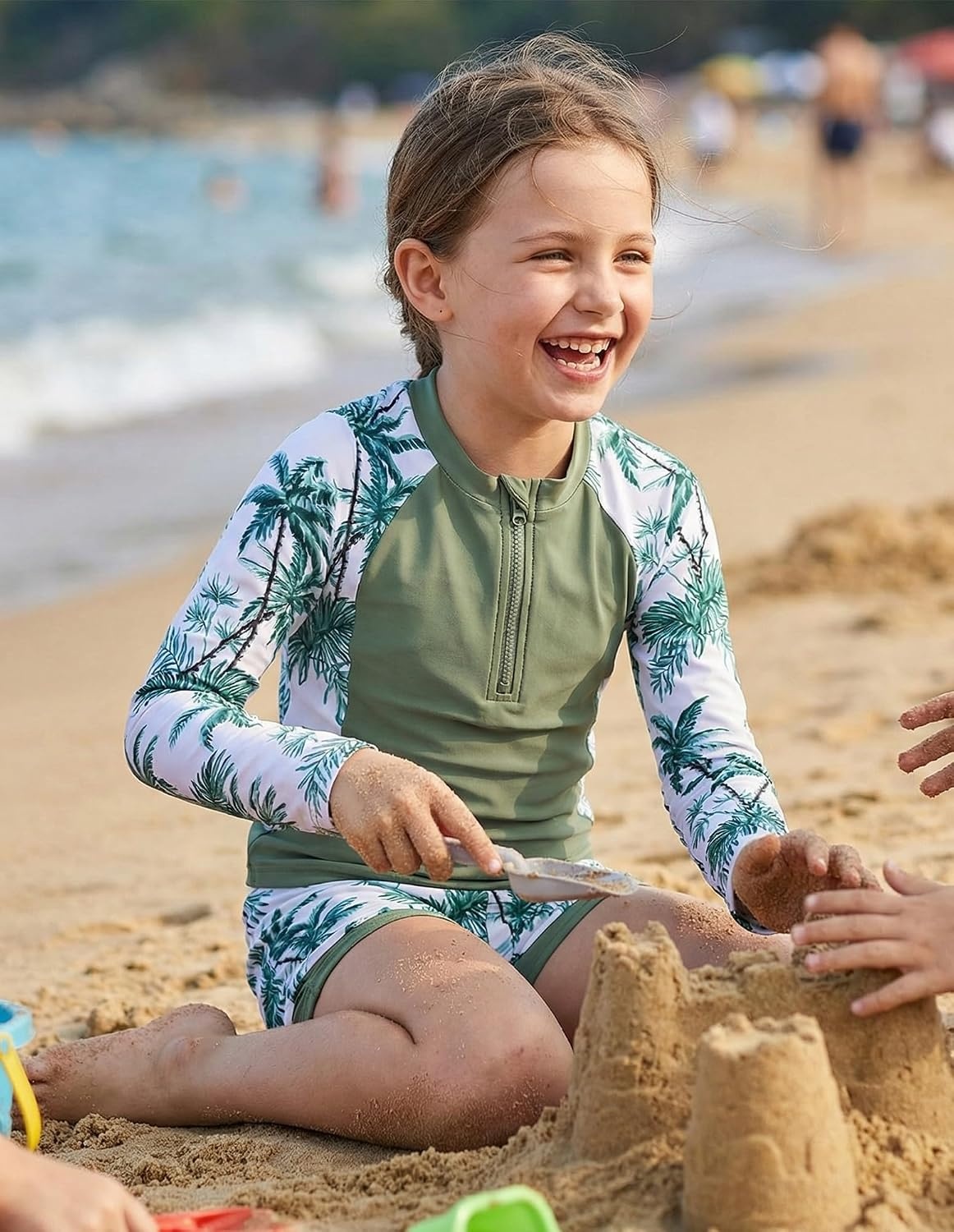 image:imageGRACE KARIN Girls Rash Guard Swimsuit UPF 50 Two Piece Swimwear Size 612Y Long Sleeve Summer Bathing SuitGreen Coconut Tree