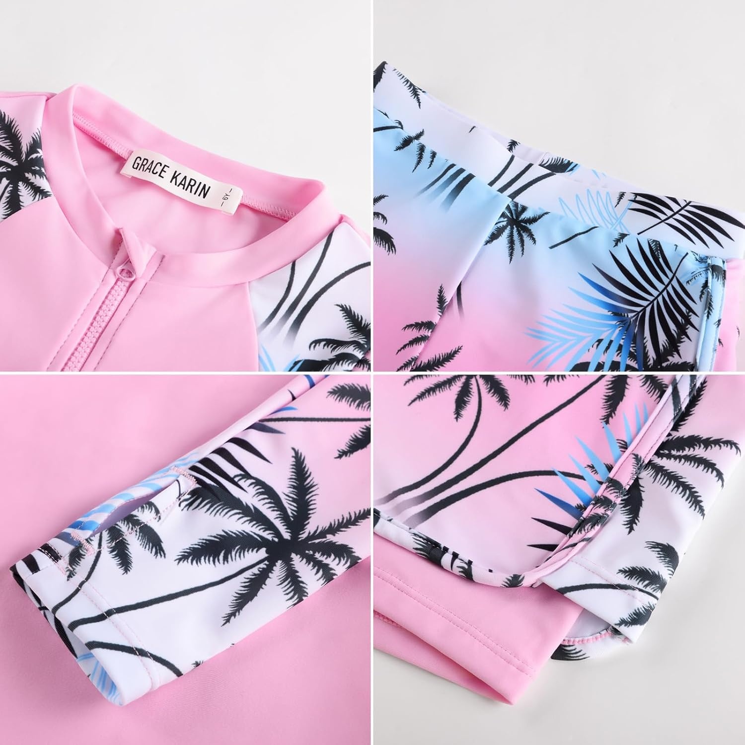 image:imageGRACE KARIN Girls Rash Guard Swimsuit UPF 50 Two Piece Swimwear Size 612Y Long Sleeve Summer Bathing SuitPink Coconut Tree