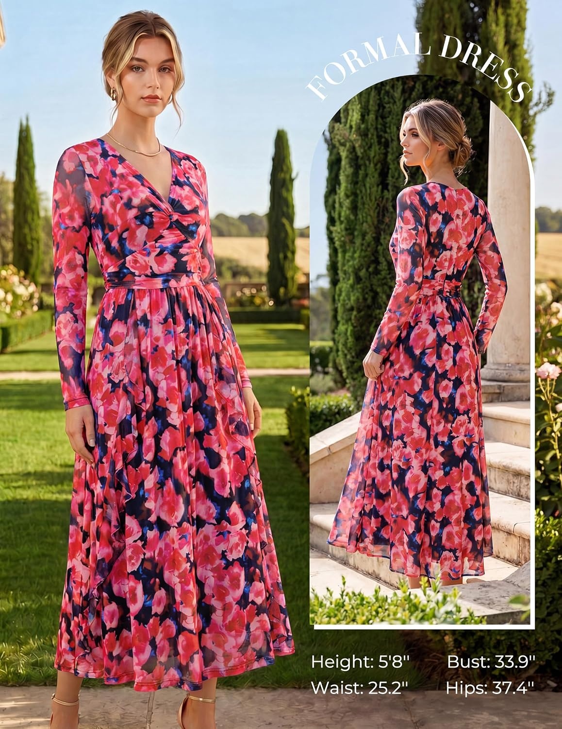 image:imageGRACE KARIN Womens Long Sleeve Floral Maxi Dress V Neck Formal Wedding Guest Dress Fall A Line Mesh DressBlack Red