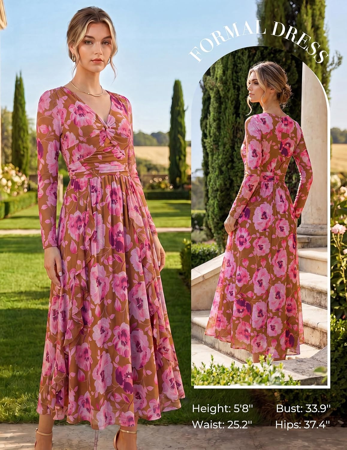 image:imageGRACE KARIN Womens Long Sleeve Floral Maxi Dress V Neck Formal Wedding Guest Dress Fall A Line Mesh DressBrown Pink